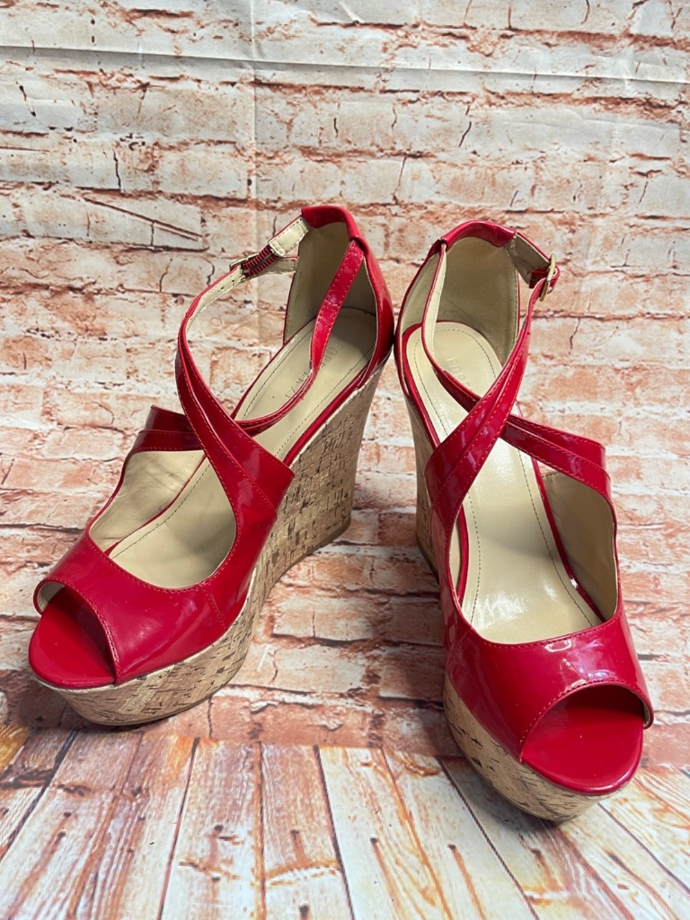 Forever 21 Red Peep Toe Ulta High Patent Leather Wedges with Cork Platform
